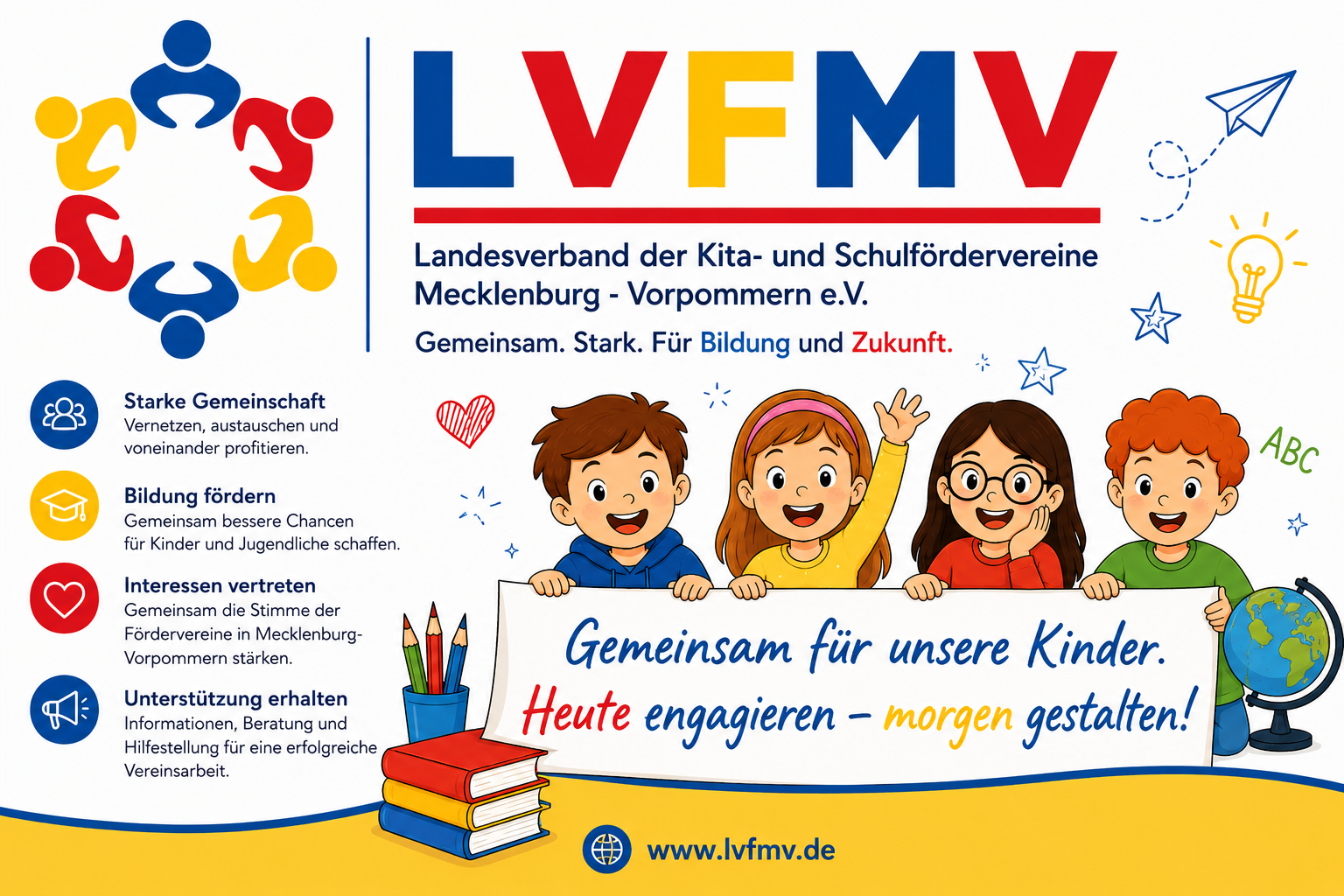 LVFMV Motiv mit Kindern und zentralen Verbandsbotschaften